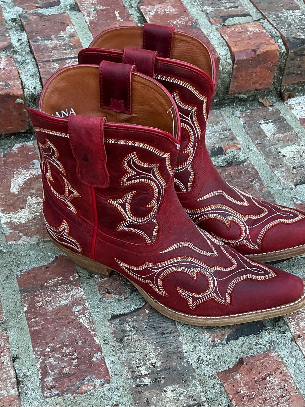 Red Leather Embroidered Western Heeled Ankle Boots